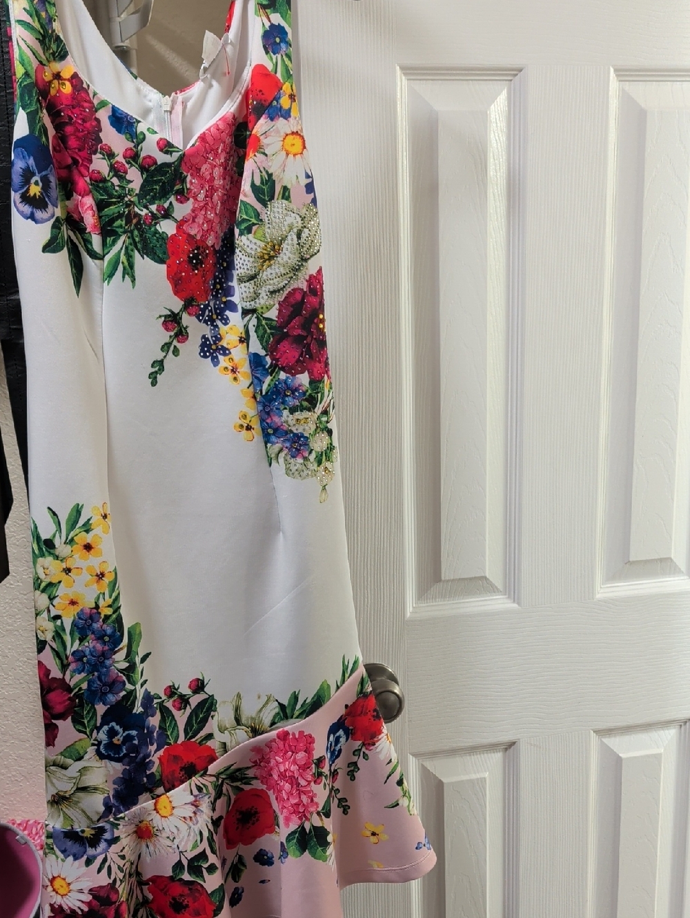 Venus White Floral Fit & Flare Dress with Pink Hem